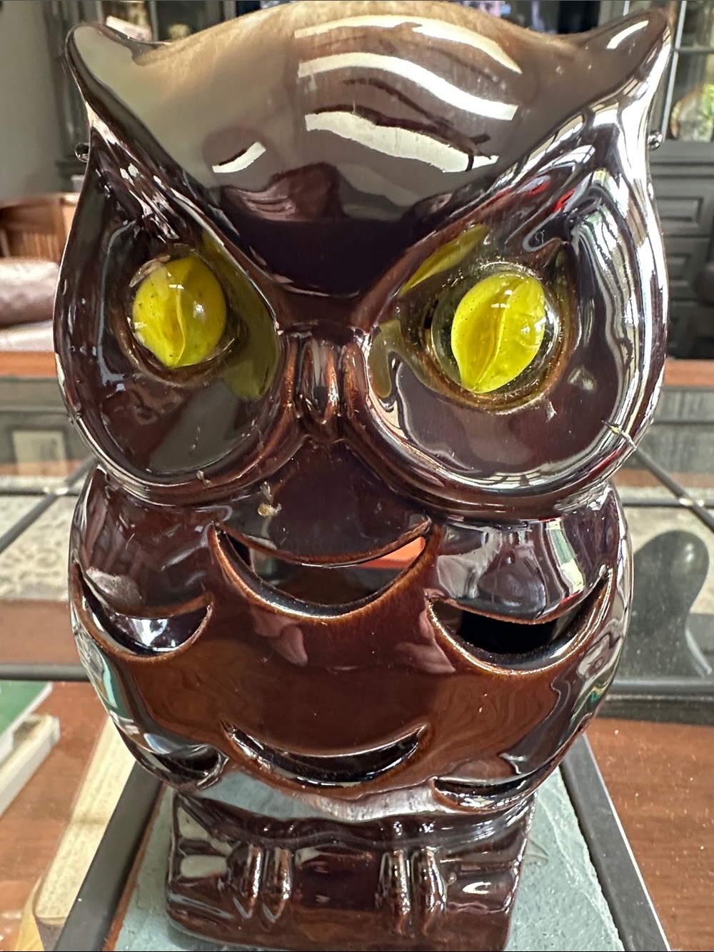 Ceramic Brown Owl Votive Hanger with Yellow Marble Eyes - Home Art